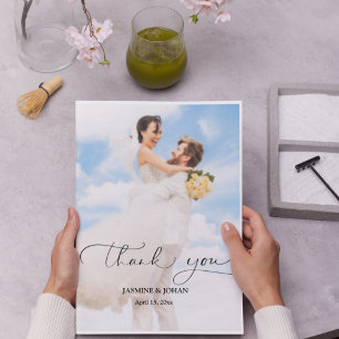Simple Minimalist Script Modern Wedding 2 Photos Thank You Card