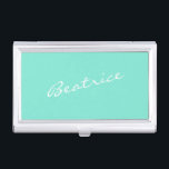 Simple Minimalist Script Name in Mint Green Business Card Holder<br><div class="desc">This stylish custom Business Card Case features a simple minimalist design of your name in a beautiful handwritten script lettering in white on a mint green background. Great gift idea!</div>