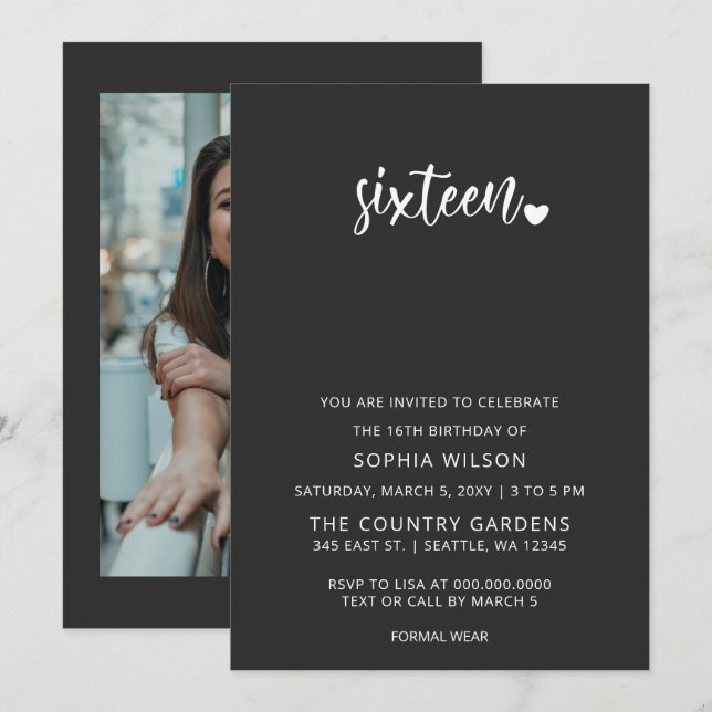 Simple Minimalist Script Sweet 16 Birthday Photo Invitation (Front/Back)