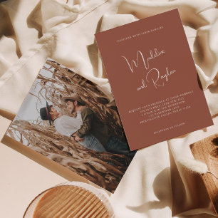 Simple Minimalist Script Terracotta Photo Wedding Invitation