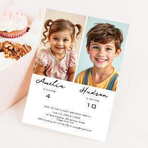 Simple Minimalist Siblings Birthday Party Photo Invitation