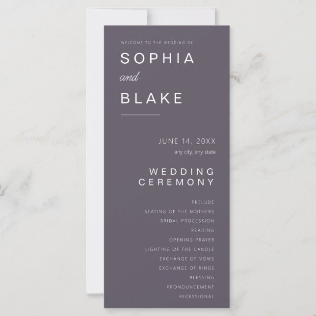 Simple Minimalist Smoke Grey Wedding Program (Front)