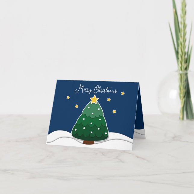 Simple Minimalist Stars and Snowy Christmas Tree Holiday Card (Front)
