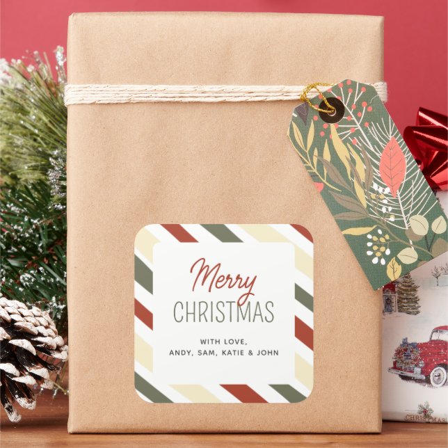 Simple Minimalist Striped Merry Christmas Name Square Sticker (Holiday)