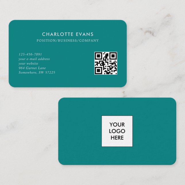 Simple Minimalist Teal Logo QR Code Business Card (Front/Back)