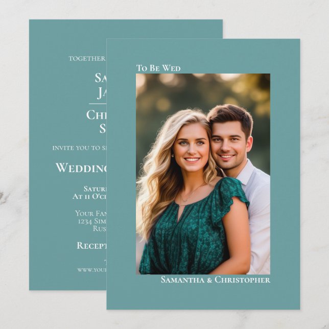 Simple Minimalist Teal Vertical Photo Wedding Invitation (Front/Back)
