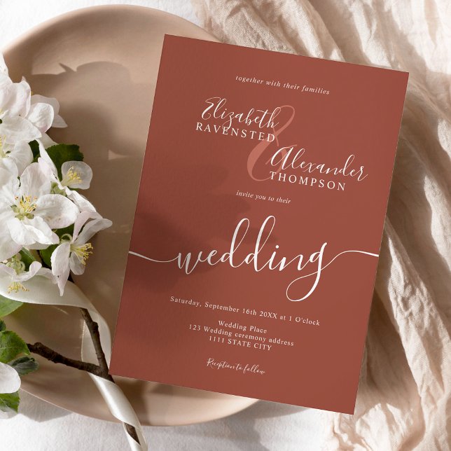 Simple minimalist terracotta script boho wedding invitation (Creator Uploaded)