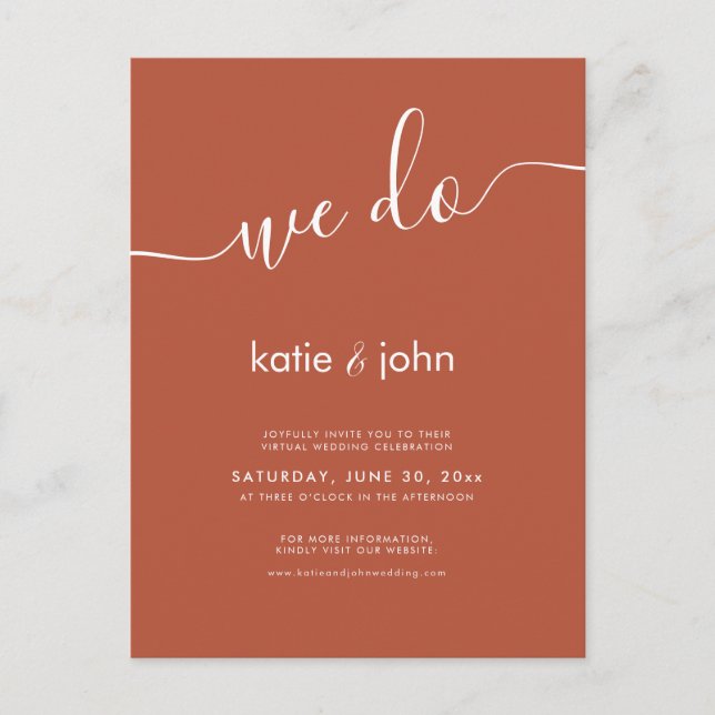 Simple Minimalist Terracotta Virtual We do Wedding Invitation Postcard (Front)