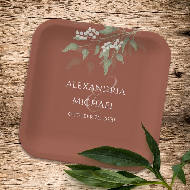 Simple Minimalist Terracotta Wedding Calligraphy Paper Plate (Creator Uploaded)