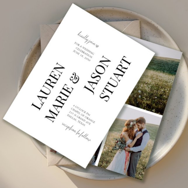 Simple Minimalist Typography Black Wedding 3 Photo Invitation (Creator Uploaded)