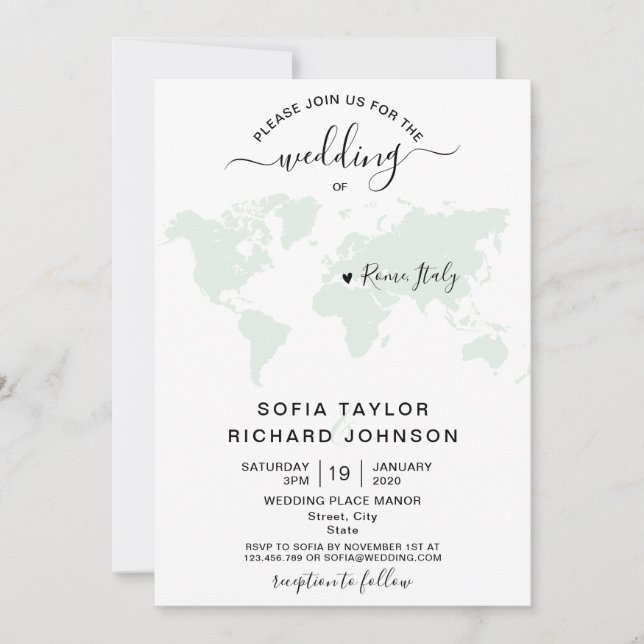 Simple Minimalist Wedding Destination World Map  I Invitation (Front)