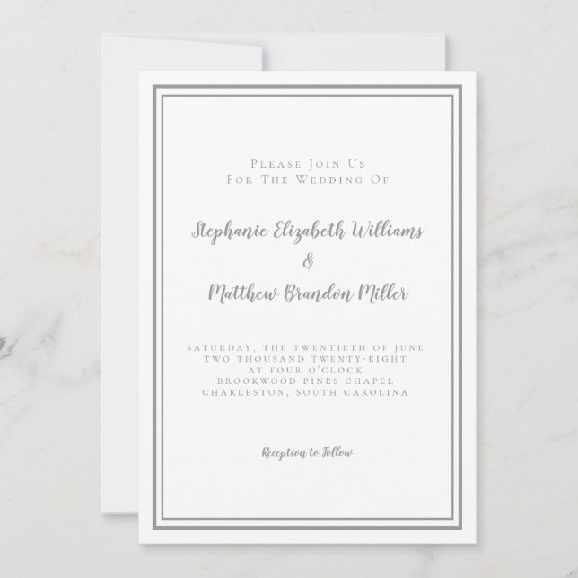 Simple Minimalist Wedding Grey White Chic Elegant Invitation (Front)