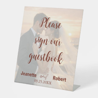 Simple Minimalist Wedding Photo Sunset Beach Pedestal Sign