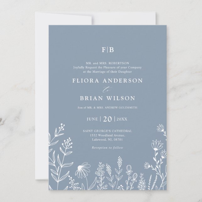 Simple Minimalist Wildflower Dusty Blue Wedding In Invitation (Front)