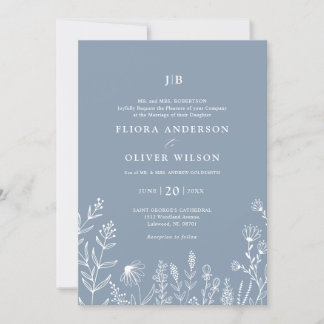 Simple Minimalist Wildflower Dusty Blue Wedding Invitation