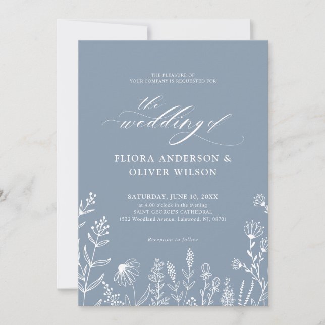 Simple Minimalist Wildflower Dusty Blue Wedding Invitation (Front)