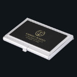 Simple Minimalistic Gold Justice Logo On Black Business Card Holder<br><div class="desc">Gold-tone justice logo with laurel wreath and justice scale on a black background with gold text. 
We offer free custom designs if the design is used on Zazzle products.</div>