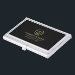 Simple Minimalistic Gold Justice Logo On Black Business Card Holder<br><div class="desc">Gold-tone justice logo with laurel wreath and justice scale on a black background with gold text. 
We offer free custom designs if the design is used on Zazzle products.</div>