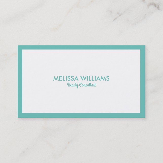 Simple Minimalistic White & Turquoise Border Busi Business Card (Front)