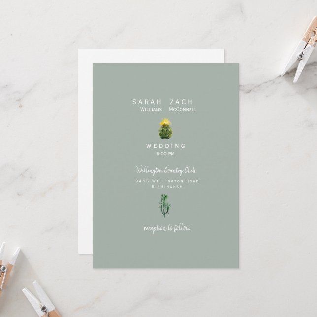 Simple Minmalist Cactus Sage Wedding Invitation (Front/Back In Situ)