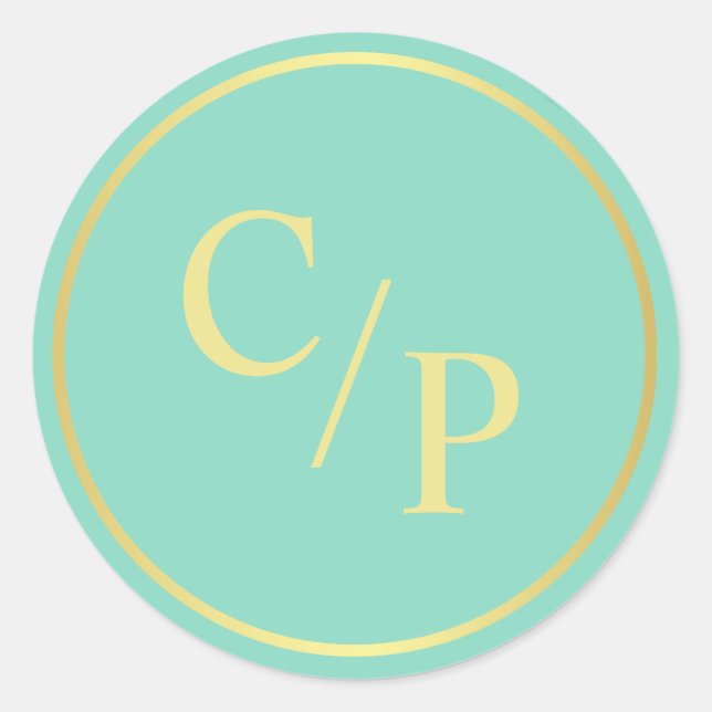 Simple Mint and Gold with Monogram Classic Round Sticker (Front)
