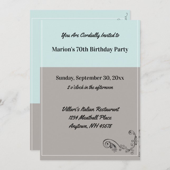 Simple Mint Blue Grey Birthday Party Restaurant Invitation (Front/Back)