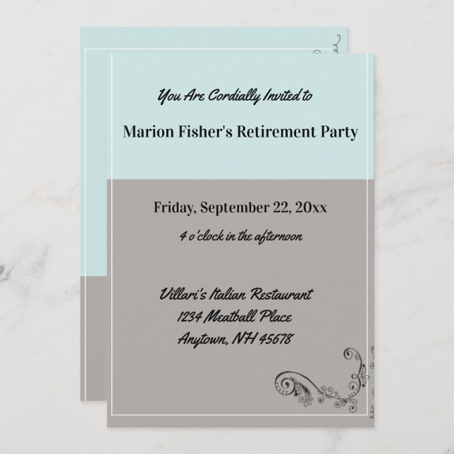 Simple Mint Blue Grey Retirement Party Restaurant Invitation (Front/Back)