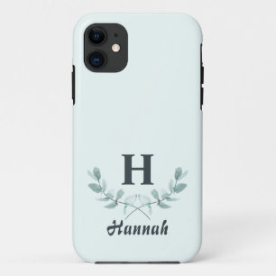 Simple Mint Green Eucalyptus Leaf Monogrammed Case-Mate iPhone Case