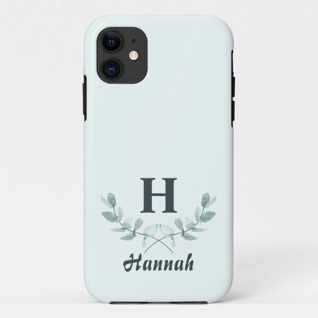 Simple Mint Green Eucalyptus Leaf Monogrammed Case-Mate iPhone Case (Back)