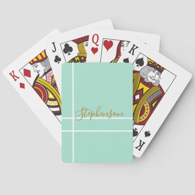 Simple mint green minimalist custom name  playing cards (Back)