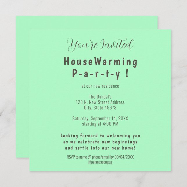 Simple Mint Seafoam Green Housewarming Invitation (Front/Back)