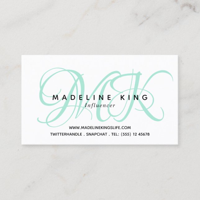 Simple Mint White One Sided Monogram Business Card (Front)