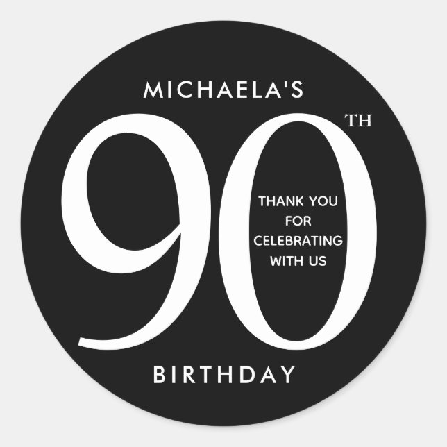 Simple, Miodern Black & White 90th Birthday Party Classic Round Sticker (Front)