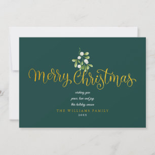Simple Mistletoe Gold Script Merry Christmas Holiday Card