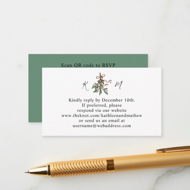 Simple Mistletoe Holiday QR Code RSVP Enclosure Card (Front/Back In Situ)
