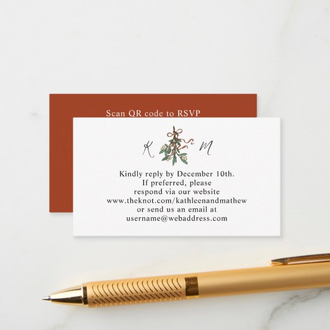 Simple Mistletoe Holiday QR Code RSVP Enclosure Card (Front/Back In Situ)