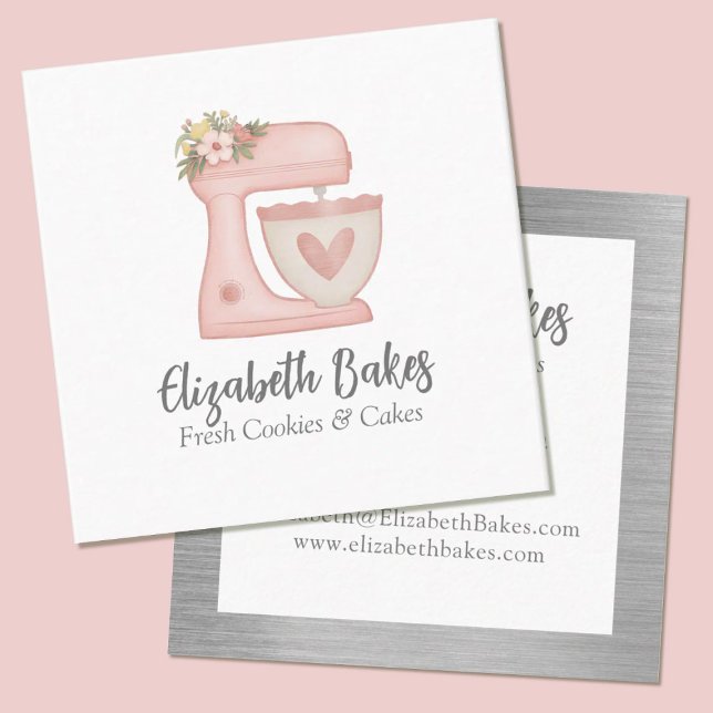 Simple Mixer Floral Cake Bakery Business Card (A cute floral Pink mixer bakery business card. Personalize it with your information.)