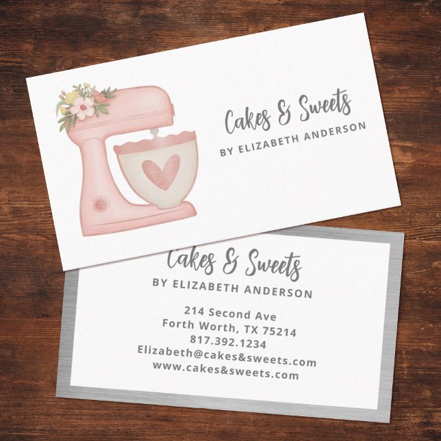 Simple Mixer Floral Cake Bakery Business Card (A cute pink mixer decorates this bakery business card. Personalize it for your business.)