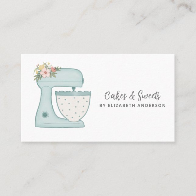 Simple Mixer Floral Cake Bakery Business Card (Front)