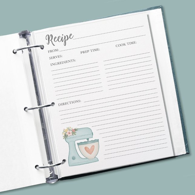 Simple Mixer Floral Cake Bakery Recipe Card (Pretty blue mixer recipe pages for your cookbook.binder.)