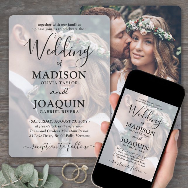 Simple Modern 2 Photo & Black Text Overlay Wedding Invitation (Creator Uploaded)