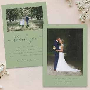 Simple Modern 2 Photo Sage Green Wedding Thank You Card