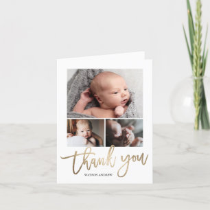 Simple Modern 3 Photo Collage Baby Photo Thank You Card