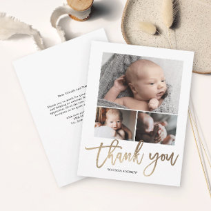 Simple Modern 3 Photo Collage Baby Photo Thank You Card