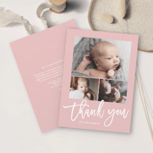 Simple Modern 3 Photo Collage Baby Photo Thank You Card