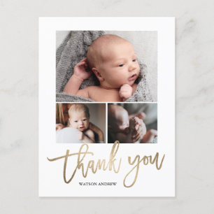 Simple Modern 3 Photo Collage Baby Photo Thank You Postcard