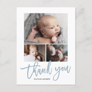 Simple Modern 3 Photo Collage Baby Photo Thank You Postcard