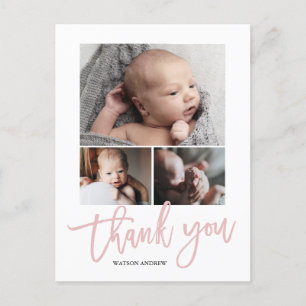 Simple Modern 3 Photo Collage Baby Photo Thank You Postcard