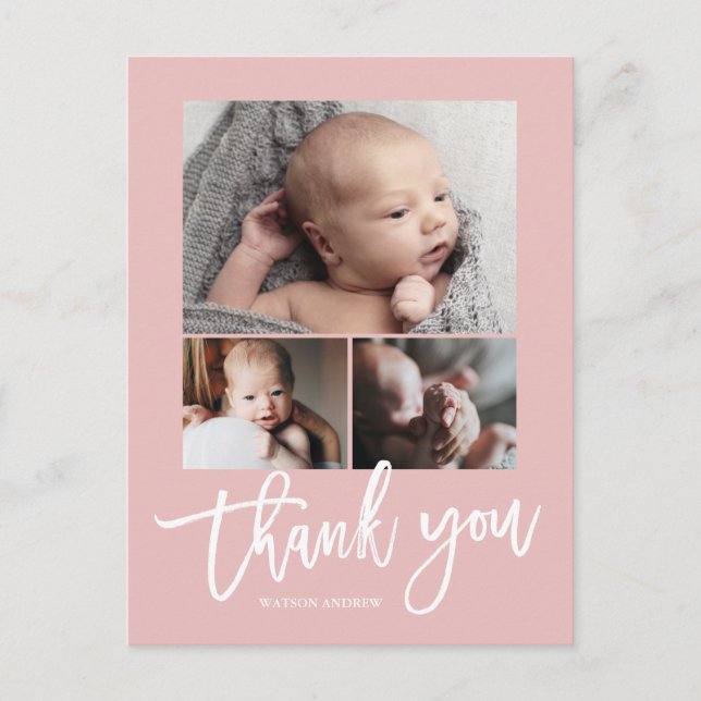 Simple Modern 3 Photo Collage Baby Photo Thank You Postcard (Front)