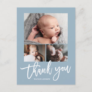 Simple Modern 3 Photo Collage Baby Photo Thank You Postcard
